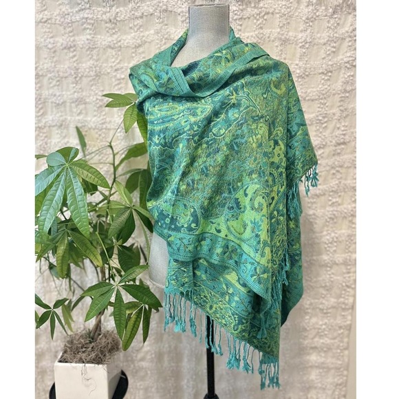 Green gypsy jacquard head stole Wrap shawl 27x70 - Picture 1 of 5